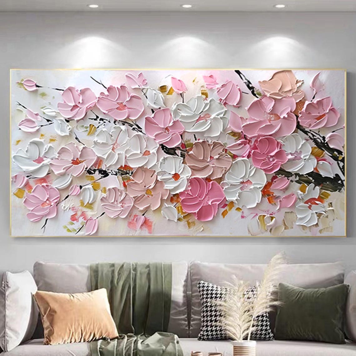 Pink White Cherry Blossom 3D Textured Floral Branch Painting Poster