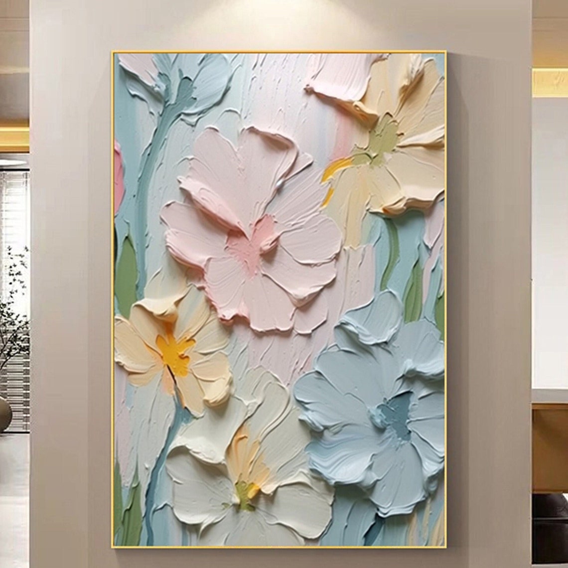 Pastel Pink Cream Blue Blooms Teal Background Floral Wall Art