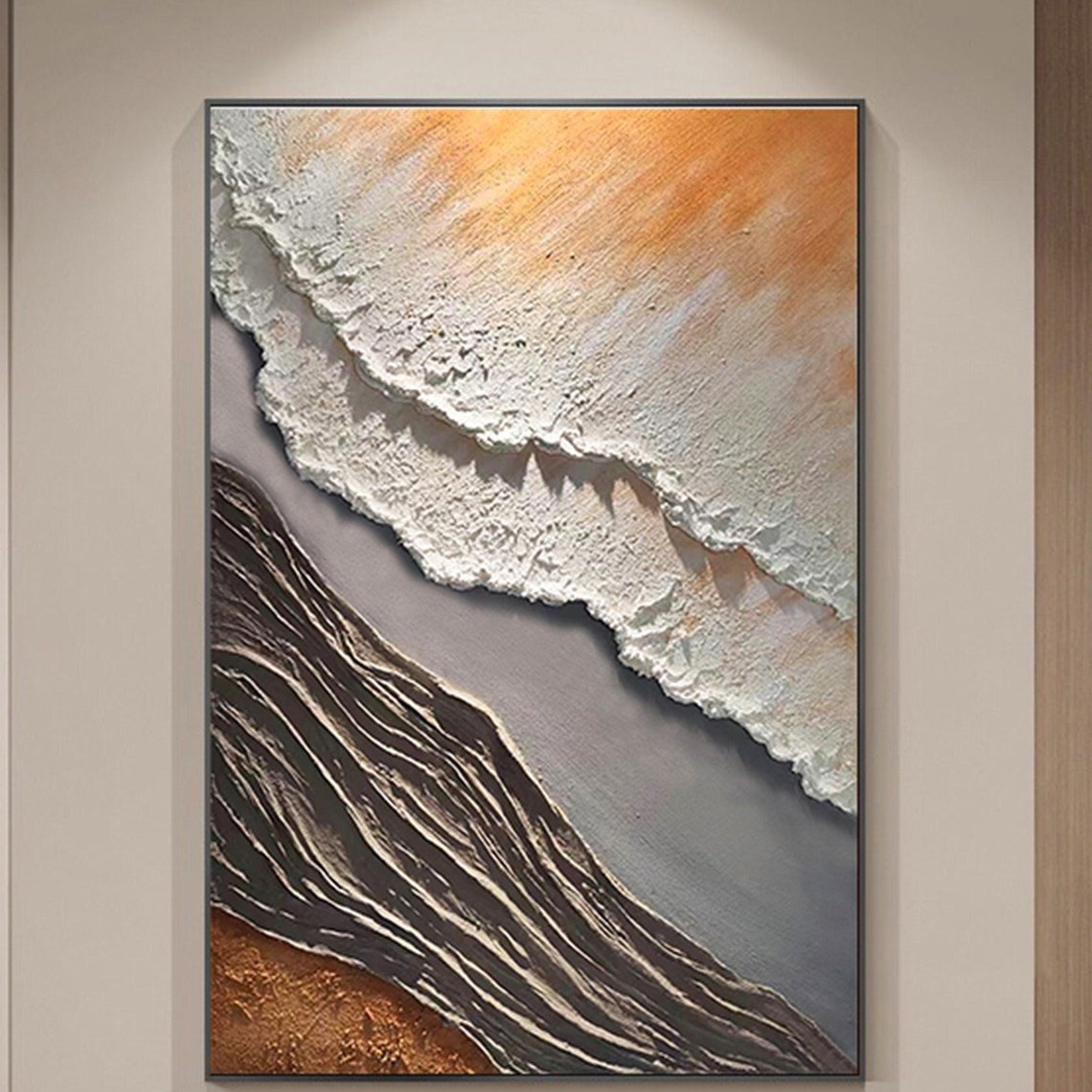 Brown Gray Abstract Ocean Wave 3D Textured Canvas Painting Poster