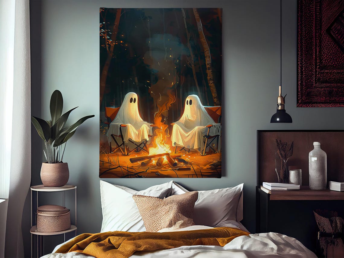 Couple Ghosts Camping Around Campfire Cute Spooky Halloween Poster - Image 3