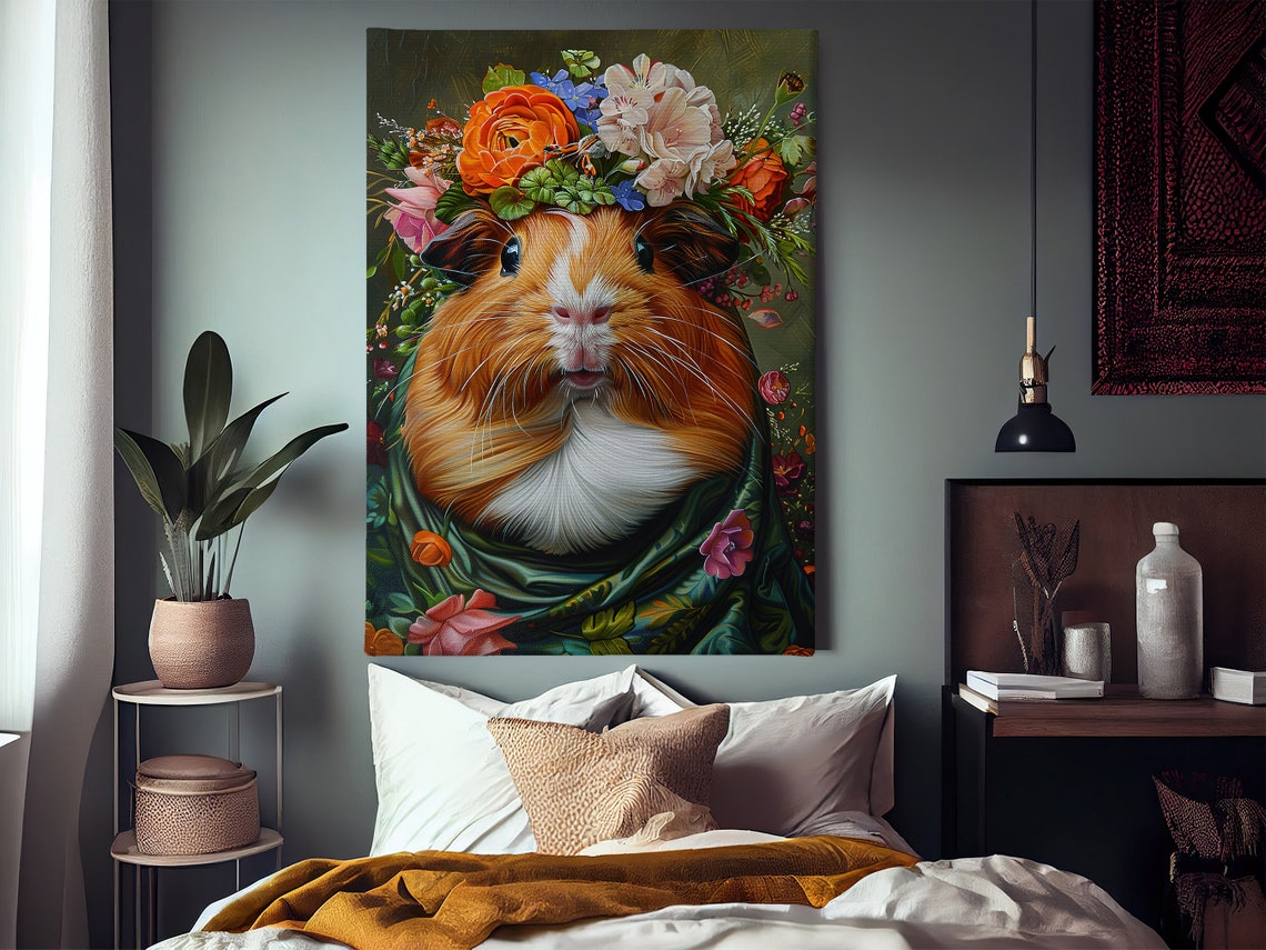 Guinea Pig Flower Crown Floral Shawl Cute Pet Portrait Art Poster - Image 3