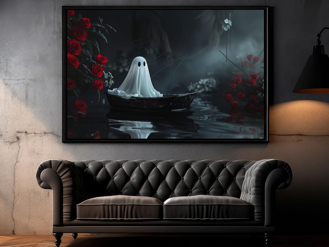 Dark Ghost in Rowboat on Misty Water Surrounded by Red Roses Poster - Image 4