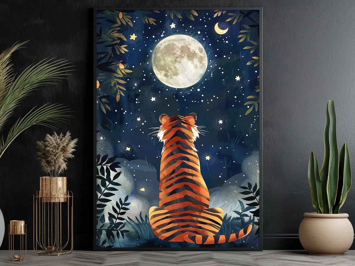 Tiger Gazing At Full Moon Starry Night Jungle Wall Art Poster