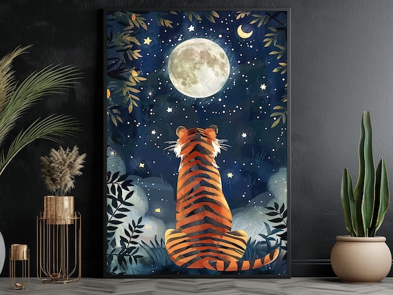 Tiger Gazing At Full Moon Starry Night Jungle Wall Art Poster