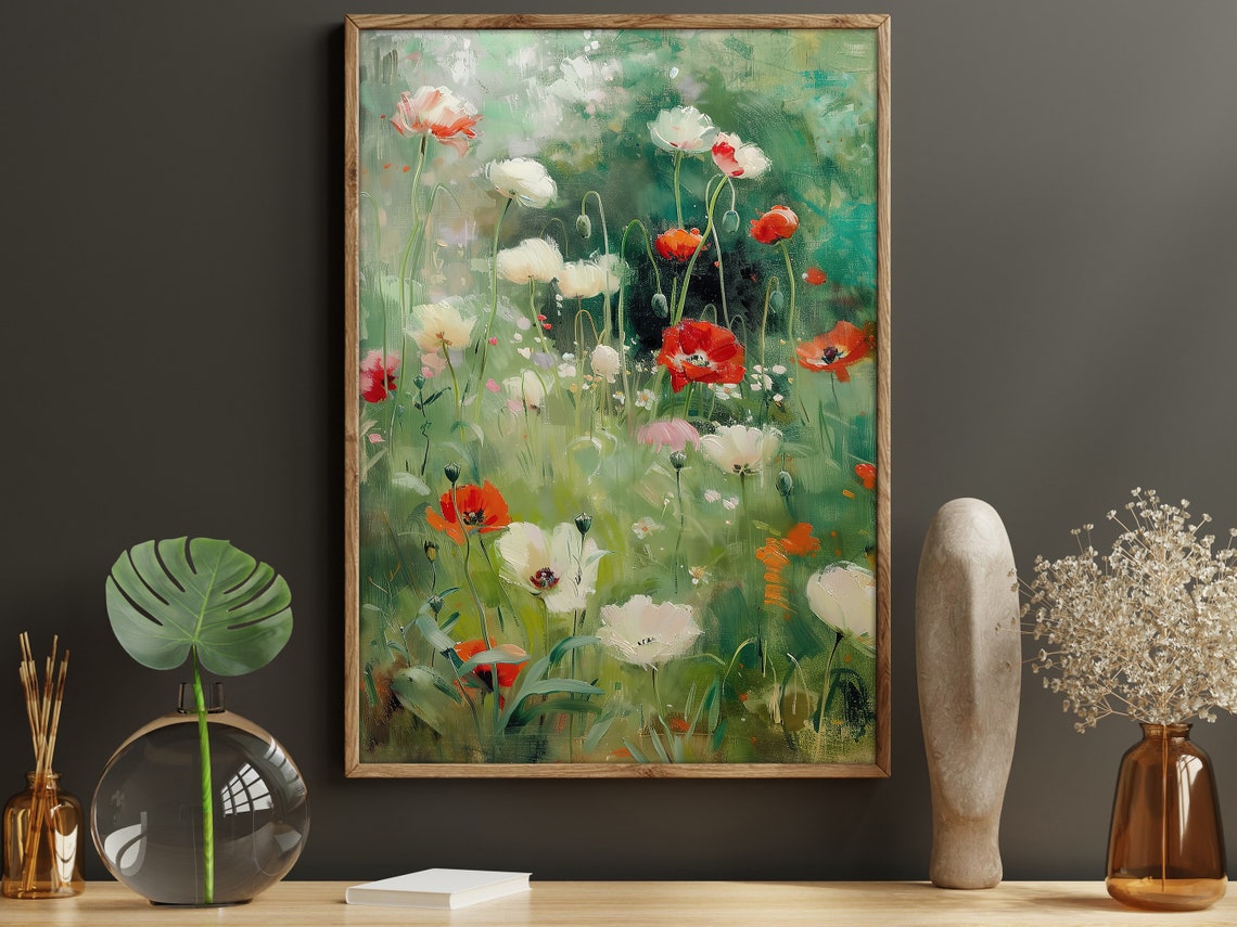 Red White Poppy Field Vibrant Oil Painting Floral Garden Poster