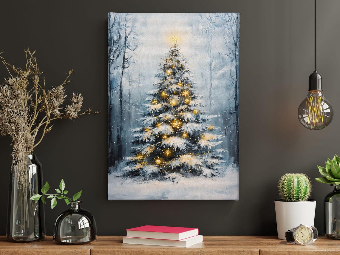 Snowy Christmas Tree With Golden Lights In Winter Forest Night Poster - Image 4
