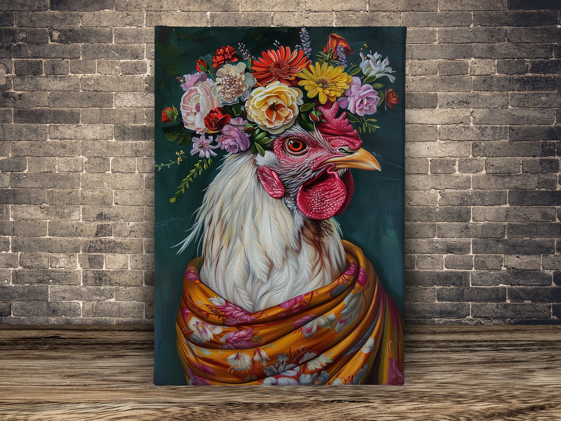 White Rooster Flower Crown Floral Shawl Farm Animal Art Poster - Image 2