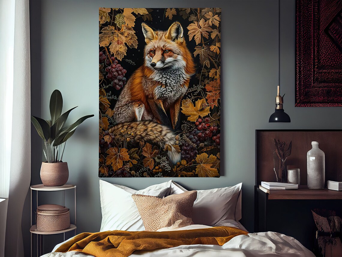 Red Fox Among Grapevines And Autumn Leaves Moody Wildlife Art Poster - Image 2