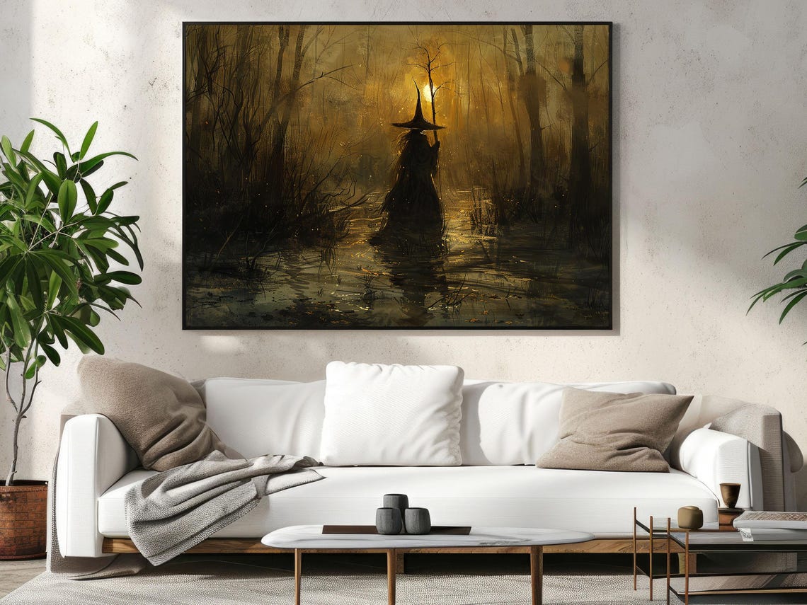 Dark Witch Wading Through Moonlit Creek in Haunted Forest Art Poster - Image 3