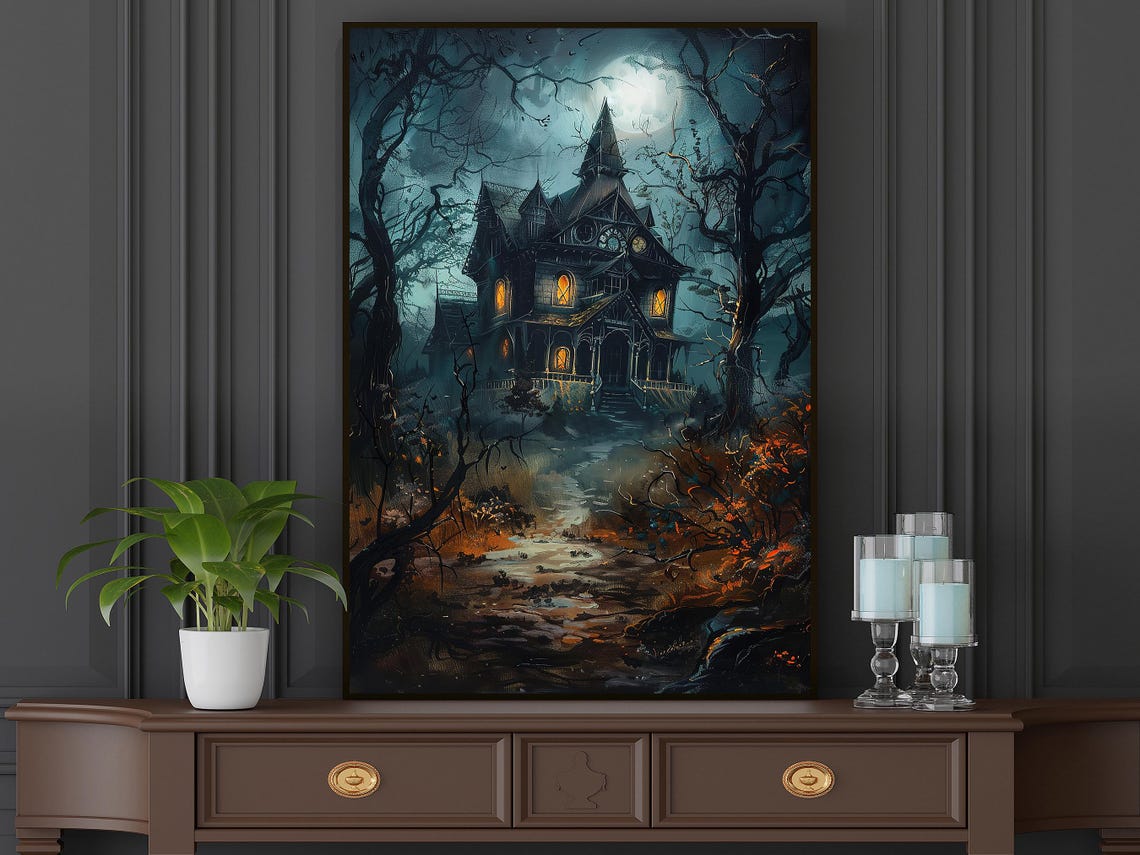 Haunted Victorian House At Night Moonlit Spooky Halloween Art Poster - Image 5