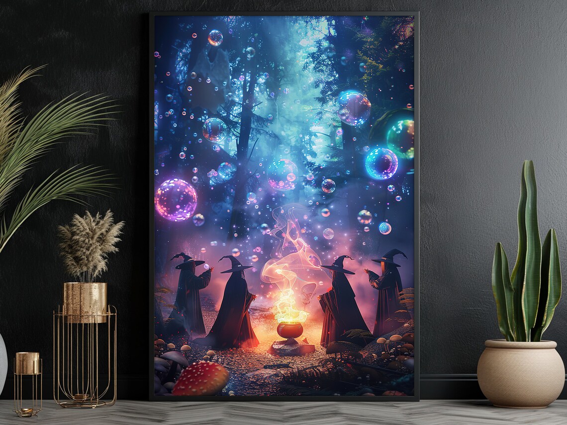 Witches Cauldron Night Forest Glowing Bubbles Magical Coven Halloween Art Print - Image 3