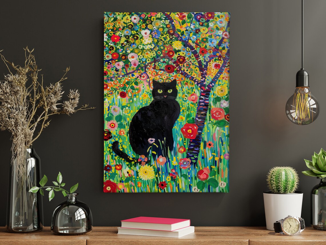 Vintage Black Cat in Flowers Garden, Cat Print - Image 4