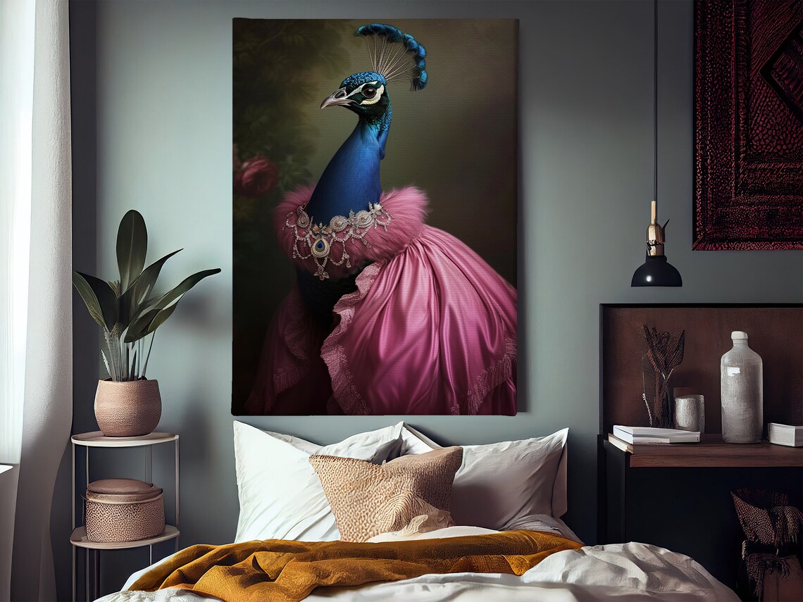 Peacock Lady In Pink Satin Gown With Jewelry Elegant Bird Art Poster - Image 2
