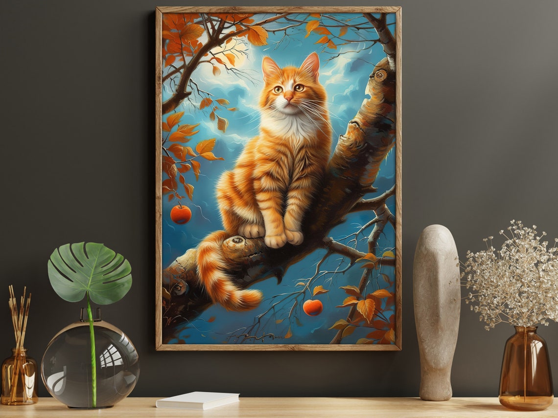 Orange Tabby Cat In Persimmon Tree Branch Autumn Sky Pet Art Poster - Image 5