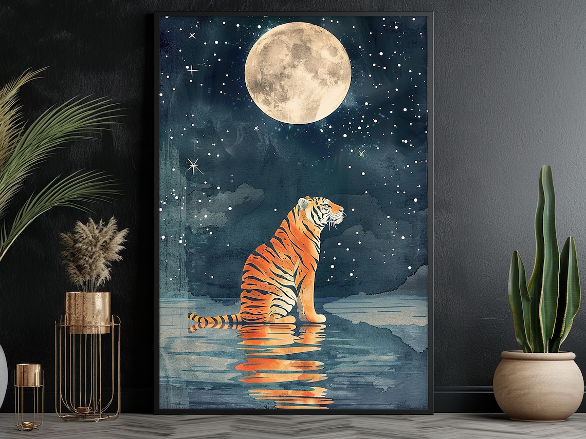 Vintage Tiger Under The Moon, Animal Art Print