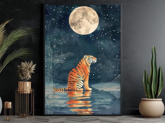 Vintage Tiger Under The Moon, Animal Art Print