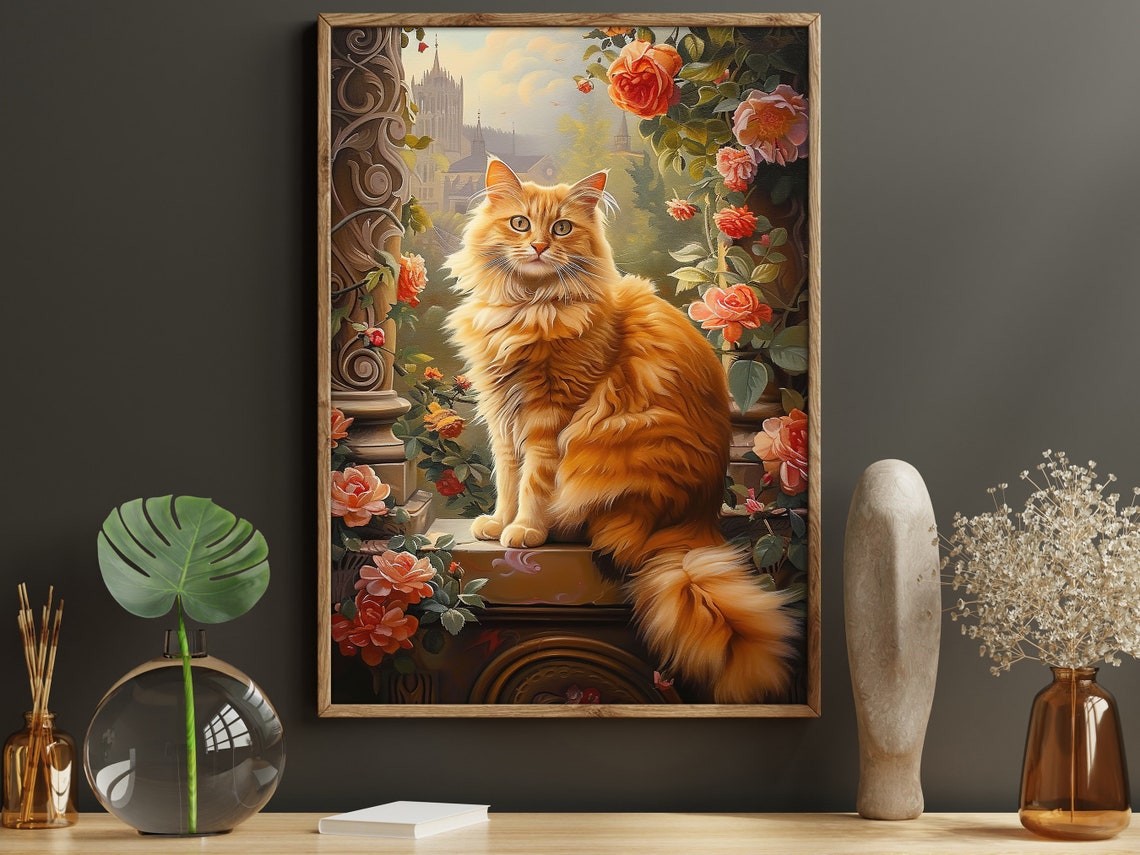 Ginger Maine Coon Cat On Rose Balcony Palace View Pet Art Poster