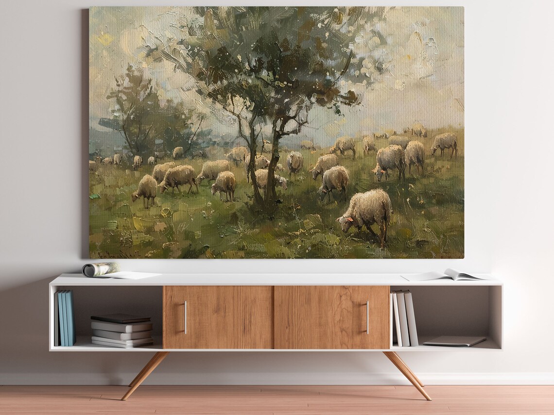 Vintage Sheep in the Field Oil Painting Art Print - Image 2