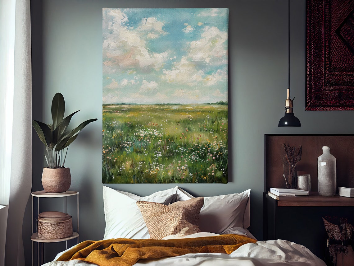 Summer Wildflower Meadow Under Big Clouds Impressionist Scenery Poster - Image 2