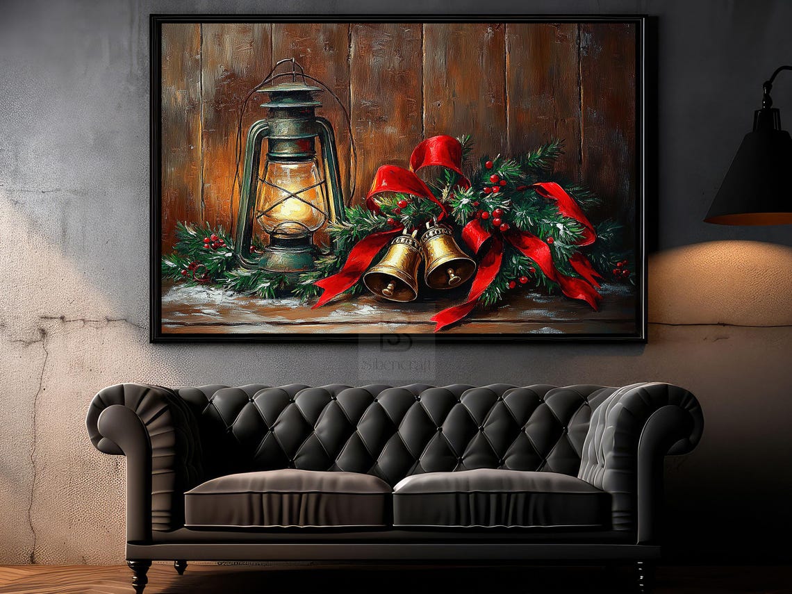 Vintage Oil Lantern With Golden Bells And Red Ribbon Pine Decor Poster - Image 6
