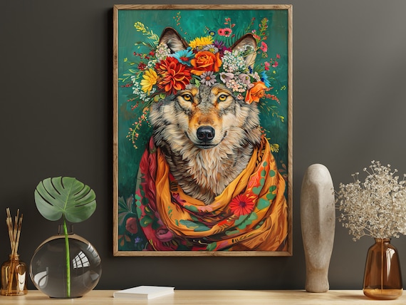 Wolf With Flower Crown Maximalist Floral Scarf Wildlife Portrait Poster