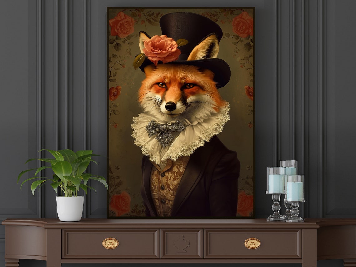 Gentleman Fox Portrait In Top Hat With Rose Vintage Animal Art Poster - Image 5