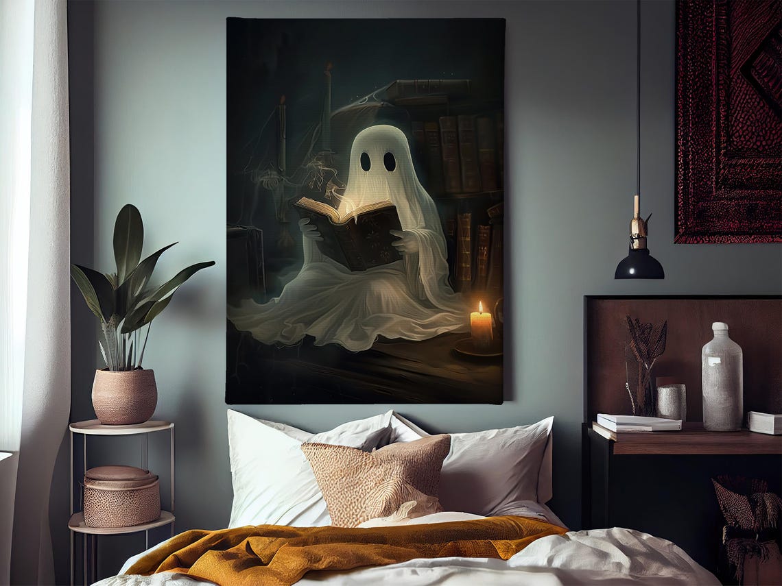 Ghost Reading Glowing Book By Candlelight Cute Halloween Art Print - Image 4