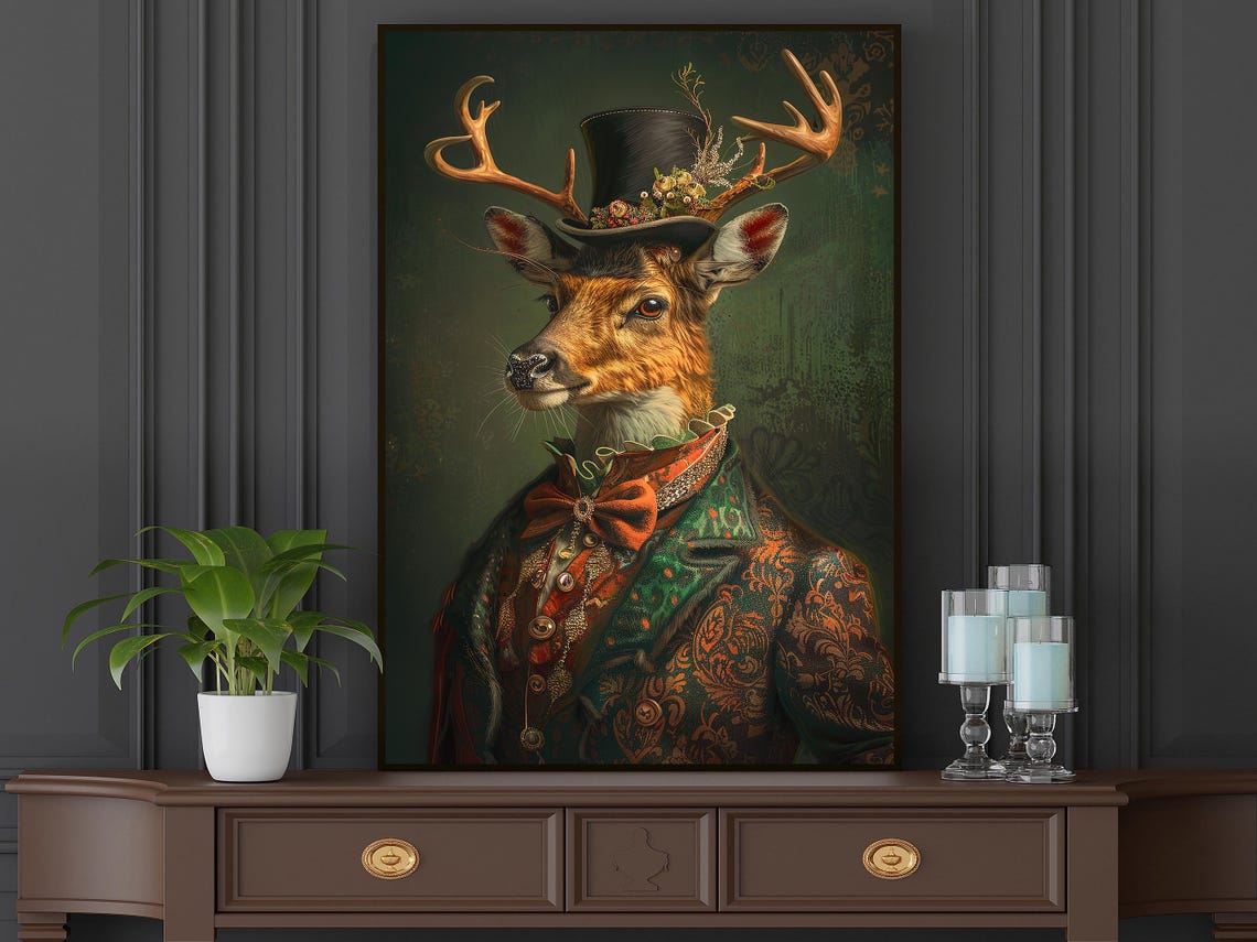 Gothic Gentleman Stag Portrait With Antlers Top Hat Vintage Art Print - Image 4