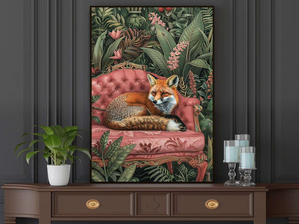 Red Fox Pink Velvet Sofa Tropical Jungle Animal Portrait Poster - Image 4