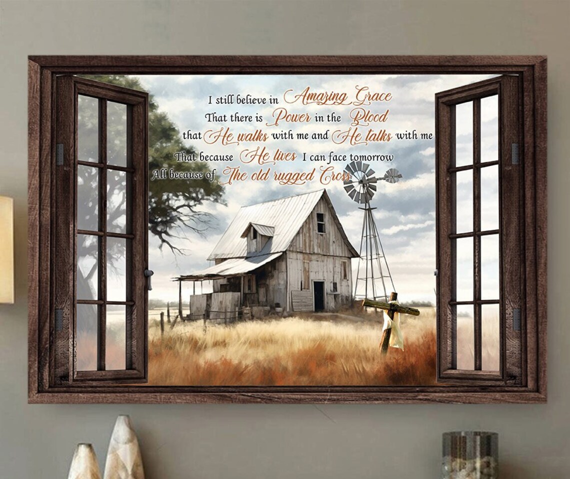Amazing Grace Lyrics Open Window Old Barn Cross Golden Wheat Field Wall Art