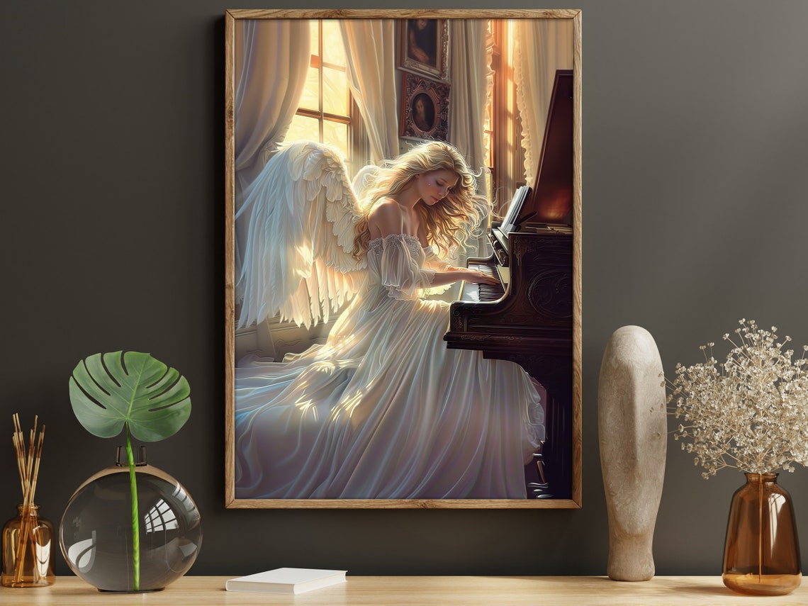 Angel Playing Grand Piano Sunlit Window Heavenly Music Fantasy Poster
