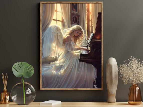 Angel Playing Grand Piano Sunlit Window Heavenly Music Fantasy Poster