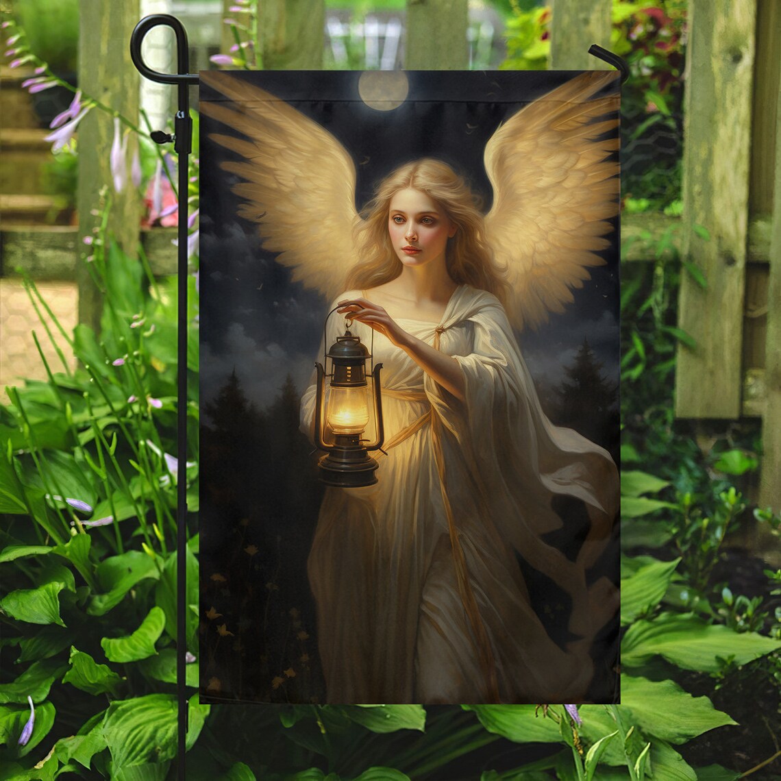Angel Holding Lantern Under Full Moon Night Christmas Garden Flag Decor - Image 2