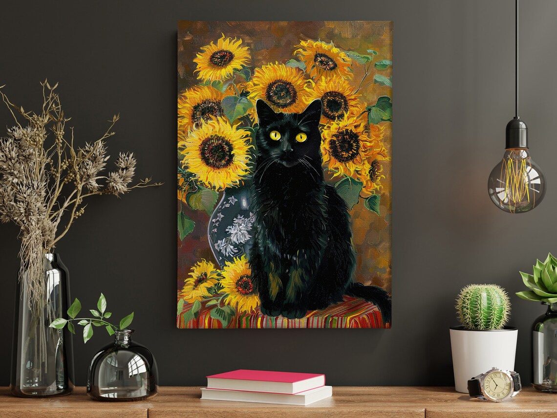 Black Cat Among Golden Sunflowers Vintage Style Animal Poster - Image 4