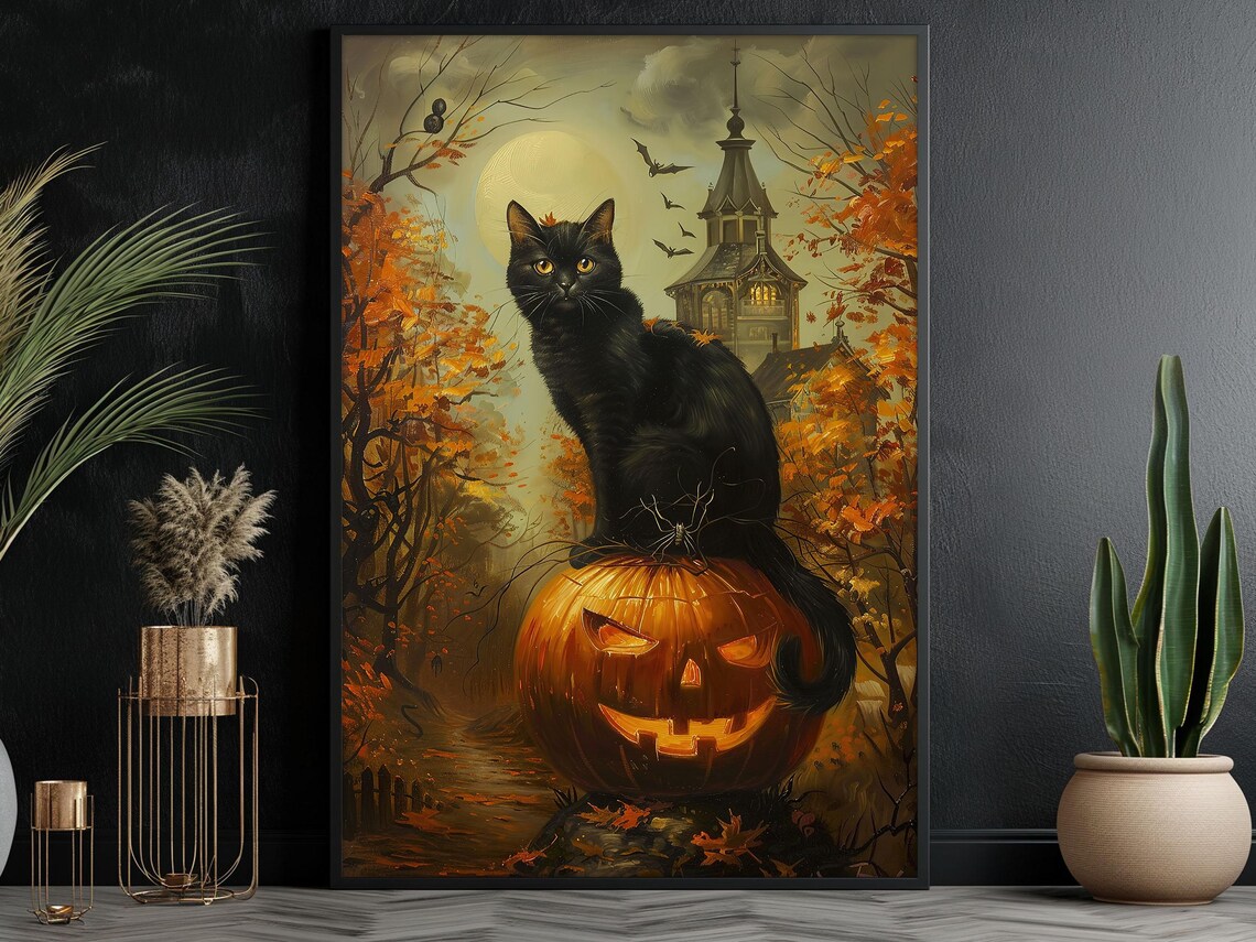 Vintage Black Cat and Pumpkin Halloween Poster