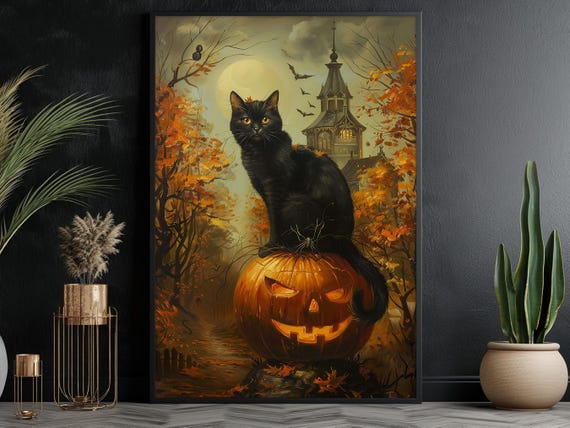 Vintage Black Cat and Pumpkin Halloween Poster