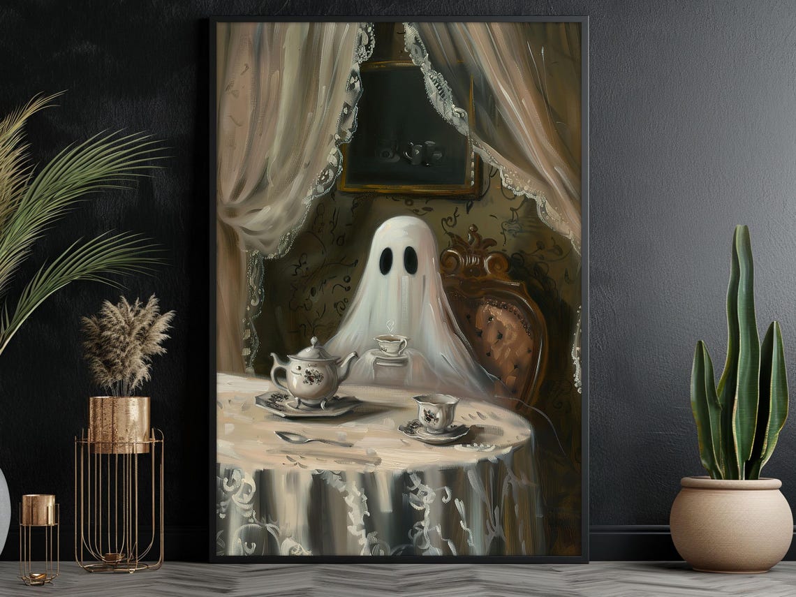 Cute Cottage Ghost Enjoying Tea at Victorian Table Halloween Poster - Image 6