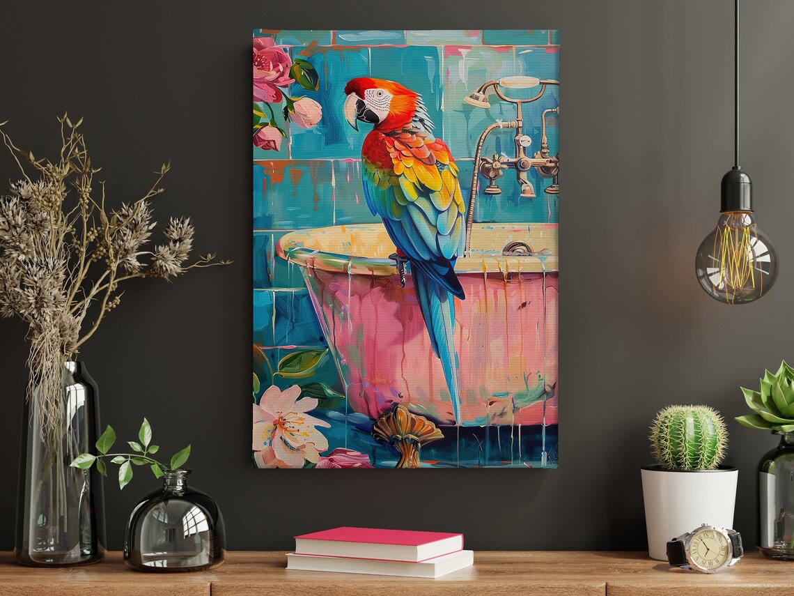 Scarlet Macaw Parrot On Pink Bathtub Tropical Bathroom Art Print - Image 3