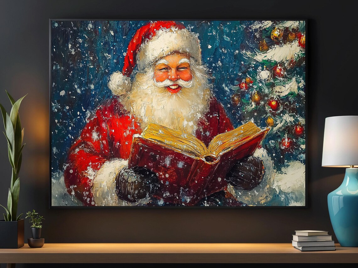Laughing Santa Claus Holding Open Book Snowy Christmas Tree Vintage Art Poster
