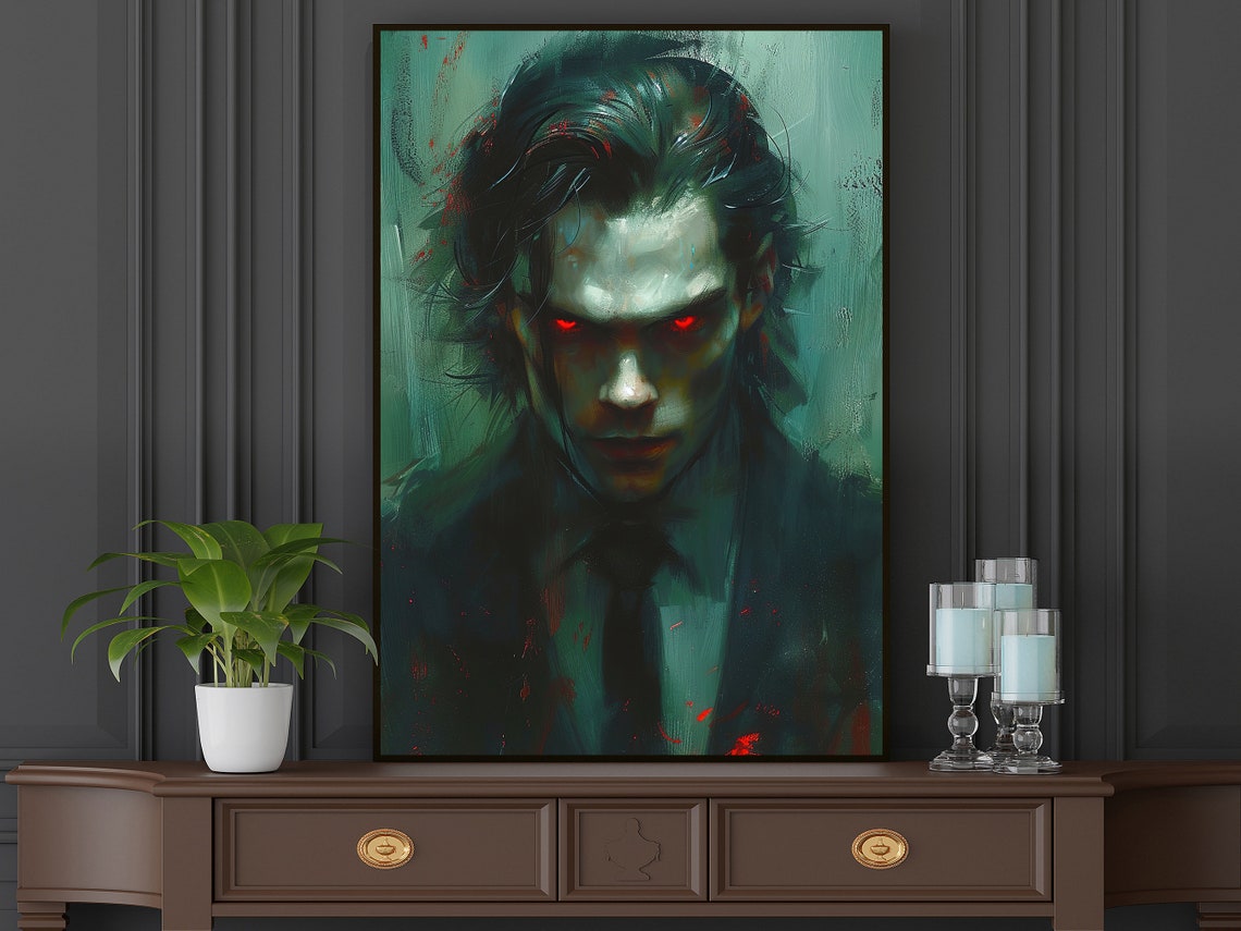 Dark Vampire Portrait With Glowing Red Eyes Gothic Fantasy Art Poster - Image 3