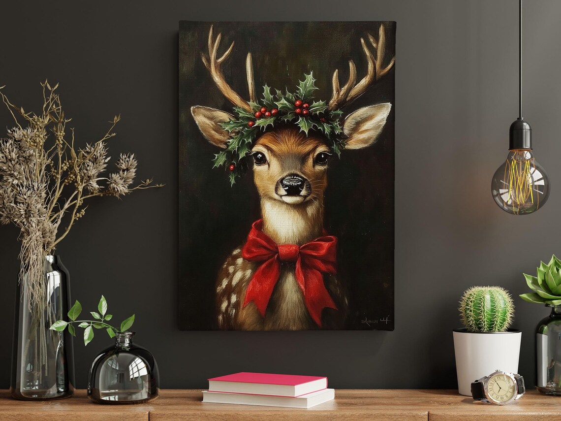 Vintage Christmas Reindeer Painting, Christmas Poster Print - Image 4