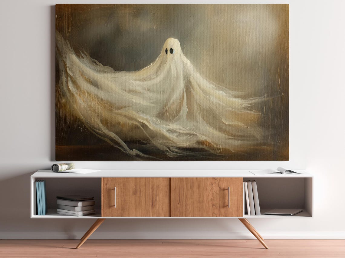 Elegant Flowing Sheet Ghost Painting in Dark Golden Light Art Poster - Image 3