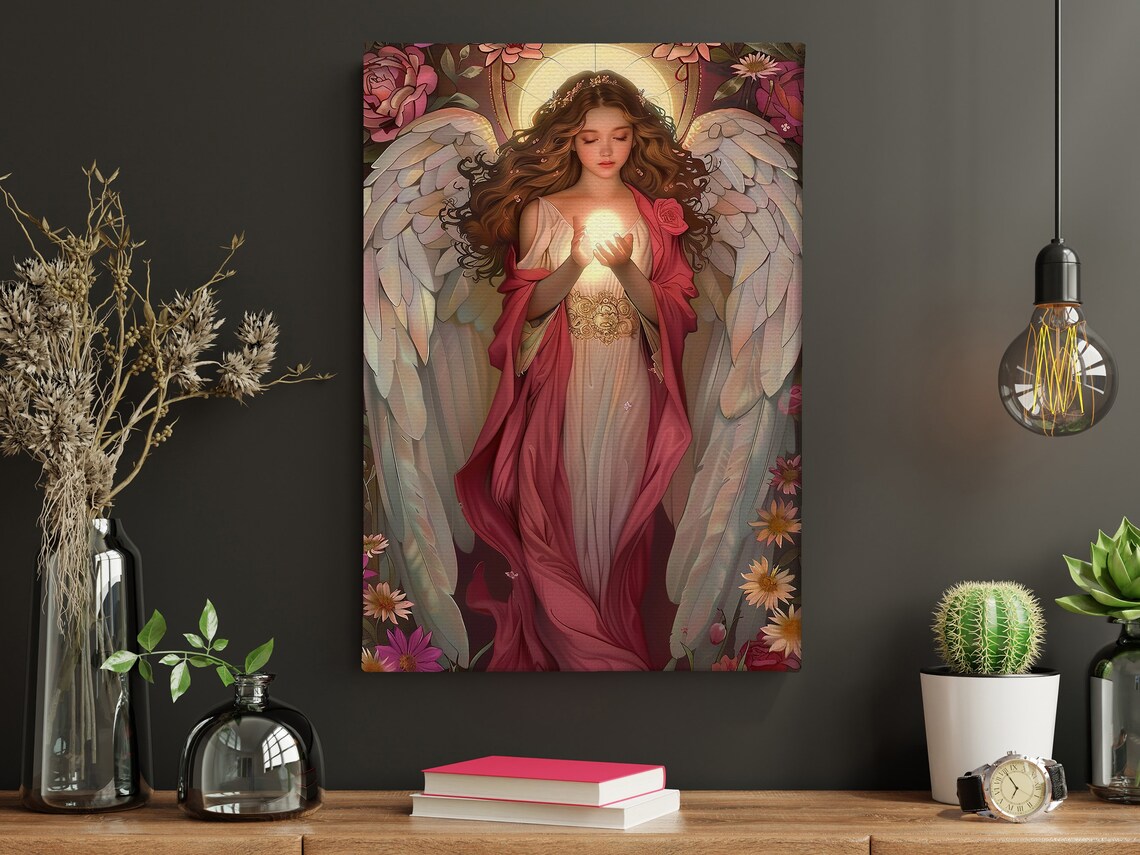 Guardian Angel Holding Light Of Hope Red Robe Floral Art Print Poster - Image 4