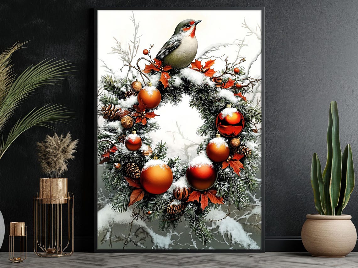 Vintage Christmas Wreath With Red Ornaments And Snowy Songbird Print