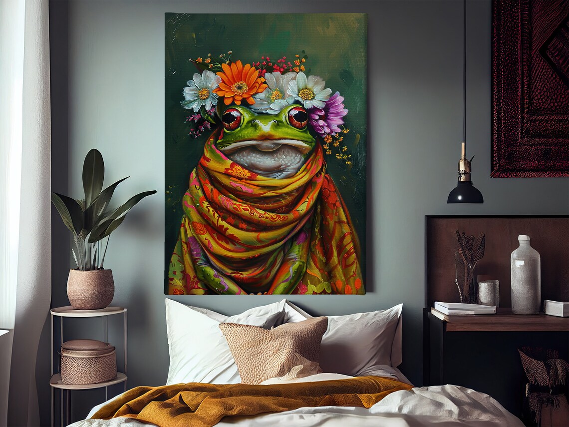 Green Frog Flower Crown Colorful Scarf Whimsical Animal Art Poster - Image 3