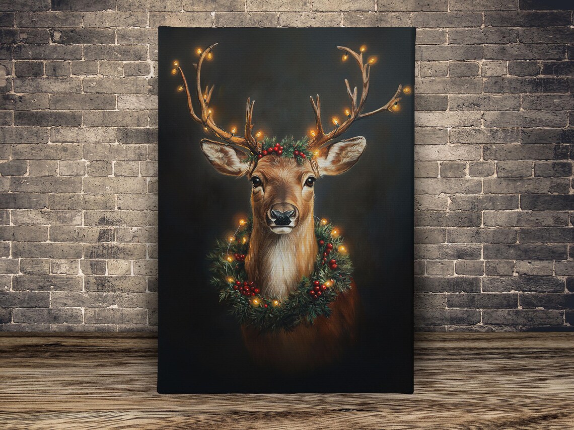 Vintage Christmas Reindeer Art Print, Cottage Decor - Image 2