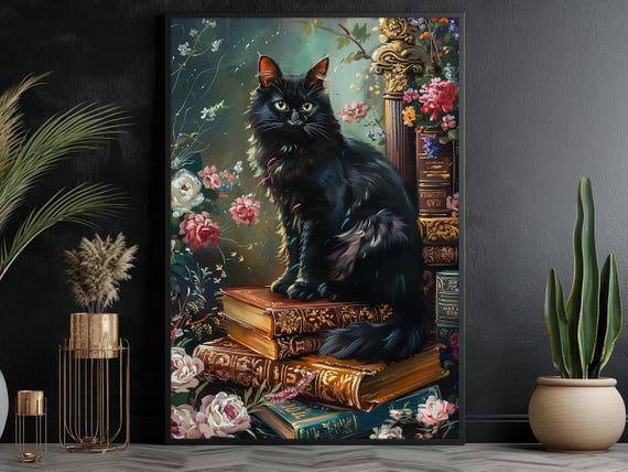 Matisse-Inspired Black Cat on Magic Books Print