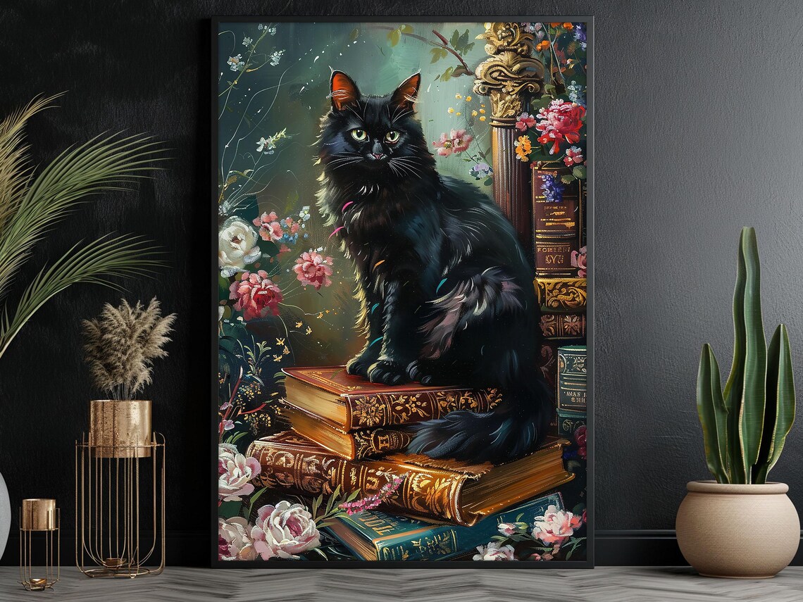 Matisse-Inspired Black Cat on Magic Books Print