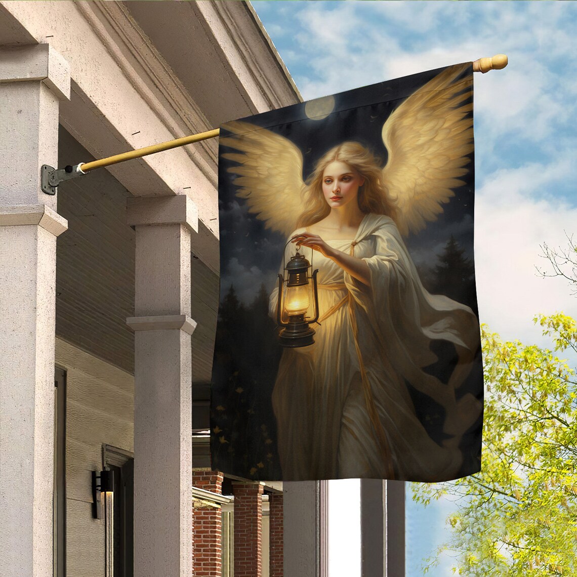 Angel Holding Lantern Under Full Moon Night Christmas Garden Flag Decor - Image 5