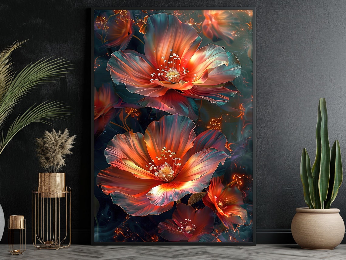 Glowing Red Orange Translucent Flowers On Dark Background Art Poster